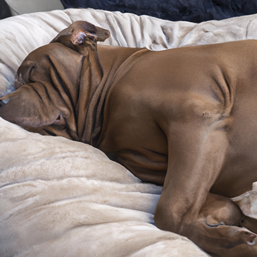 כלב גדול שרוע בנוחות על מיטתו המרווחת.